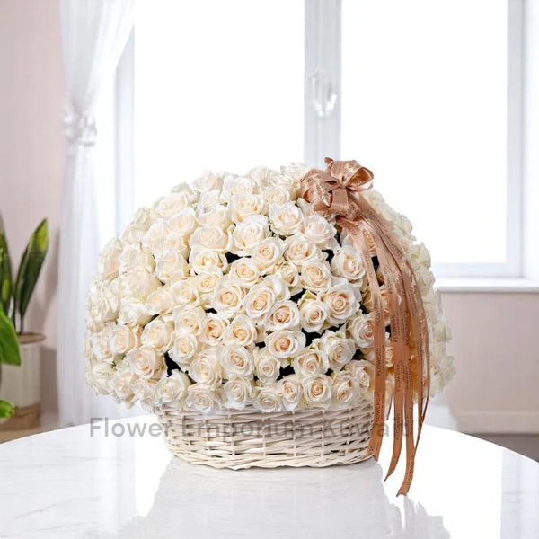 200 White Roses Basket – Flower Emporium