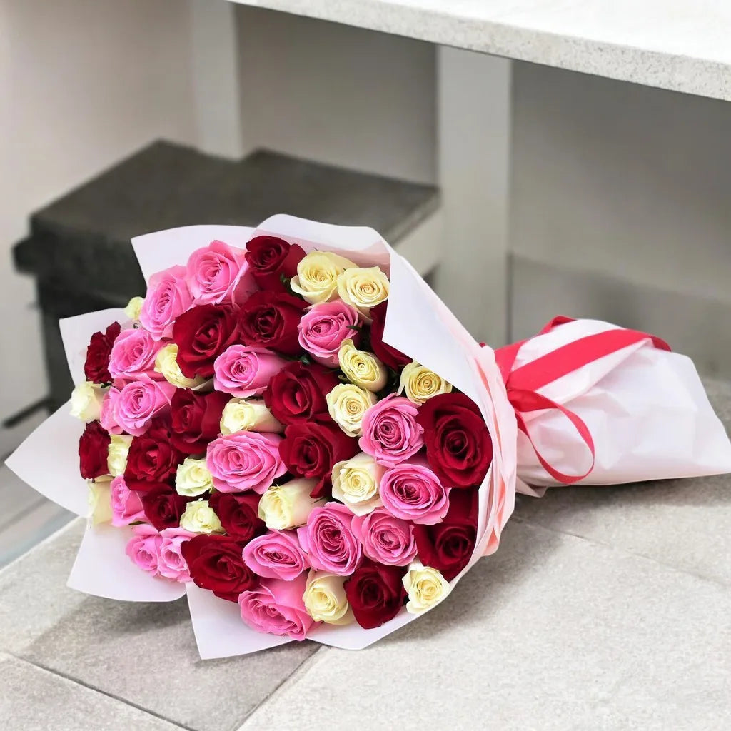 Pink White Red Roses Bouquet