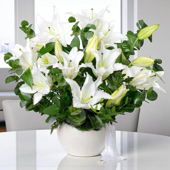 White Lilies Round Vase